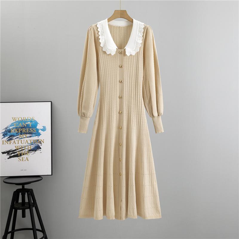 Spring and Autumn Women's Gentle Doll Collar Knitted Dress Plus Size Temperament High Waist Skinny Medium Long Dress