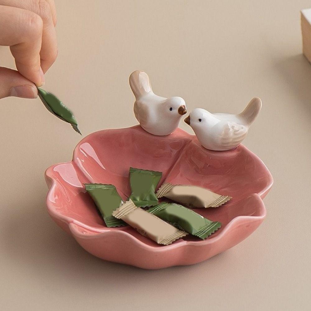 Blumige Keramik-Dessertplatte Niedliche Tee-Snack-Obstschale Vogelform-Gebäckplatte für die Küche