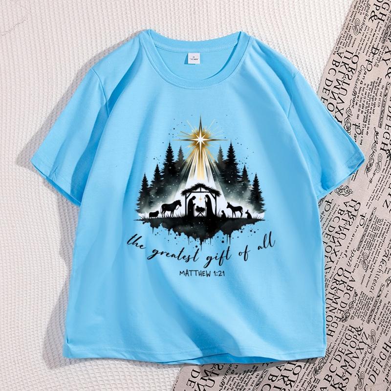 

Nativity Christian Tshirt Unisex Women Christmas Bible Verse Tshirt Casual Cotton Short Sleeve Round Neck Graphic Tees Clothes 4XL
