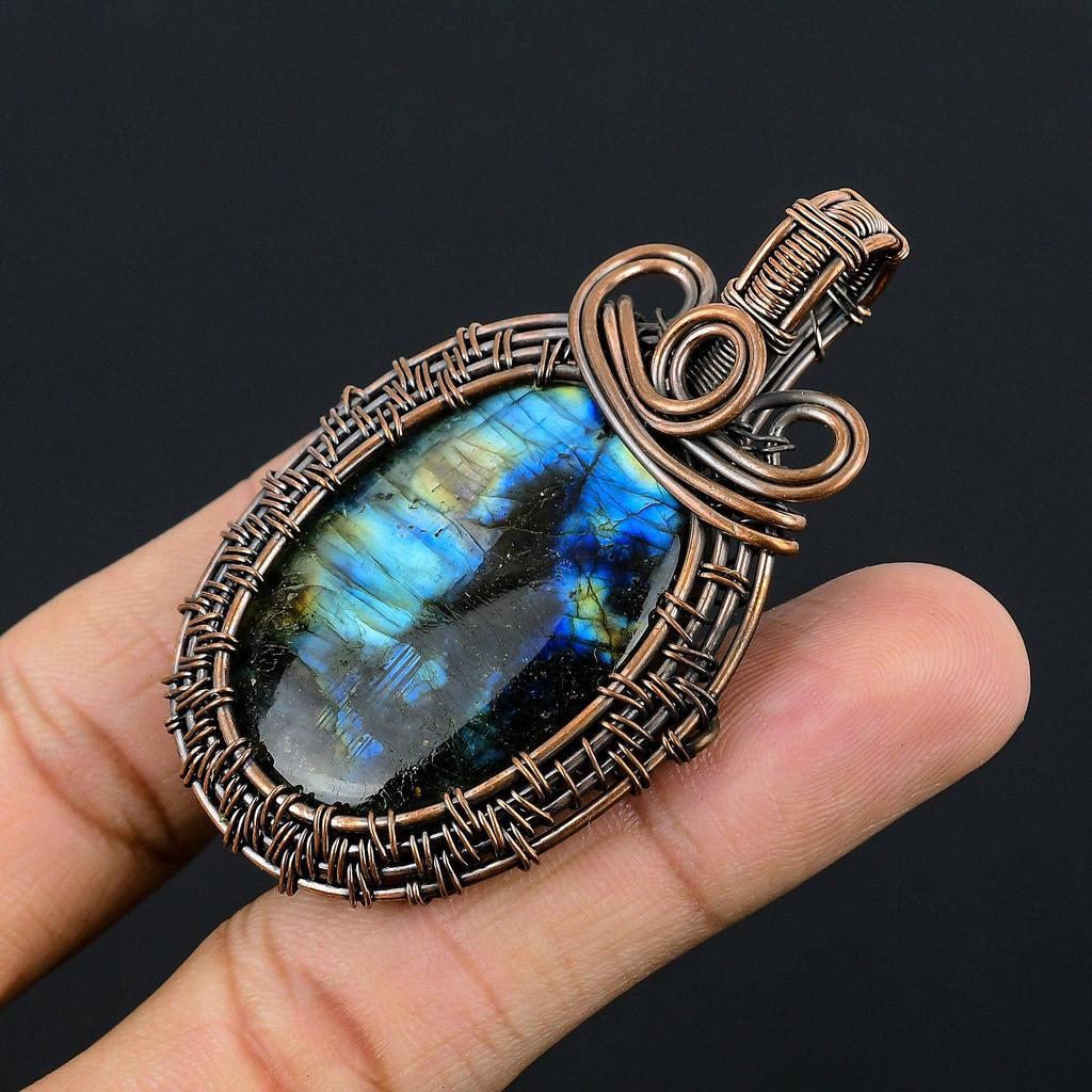 Labradorite Pendant, Handmade Gemstone 999 Copper Wire Wrapped Pendant Antique Jewelry, For Gift Silver Jewelry