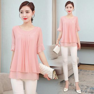 Letnie damskie szyfonowe bluzki fałszywe dwa kawałki z krótkim rękawem O-Neck luźna na co dzień koszula damska tuniki Top Blusas Feminin