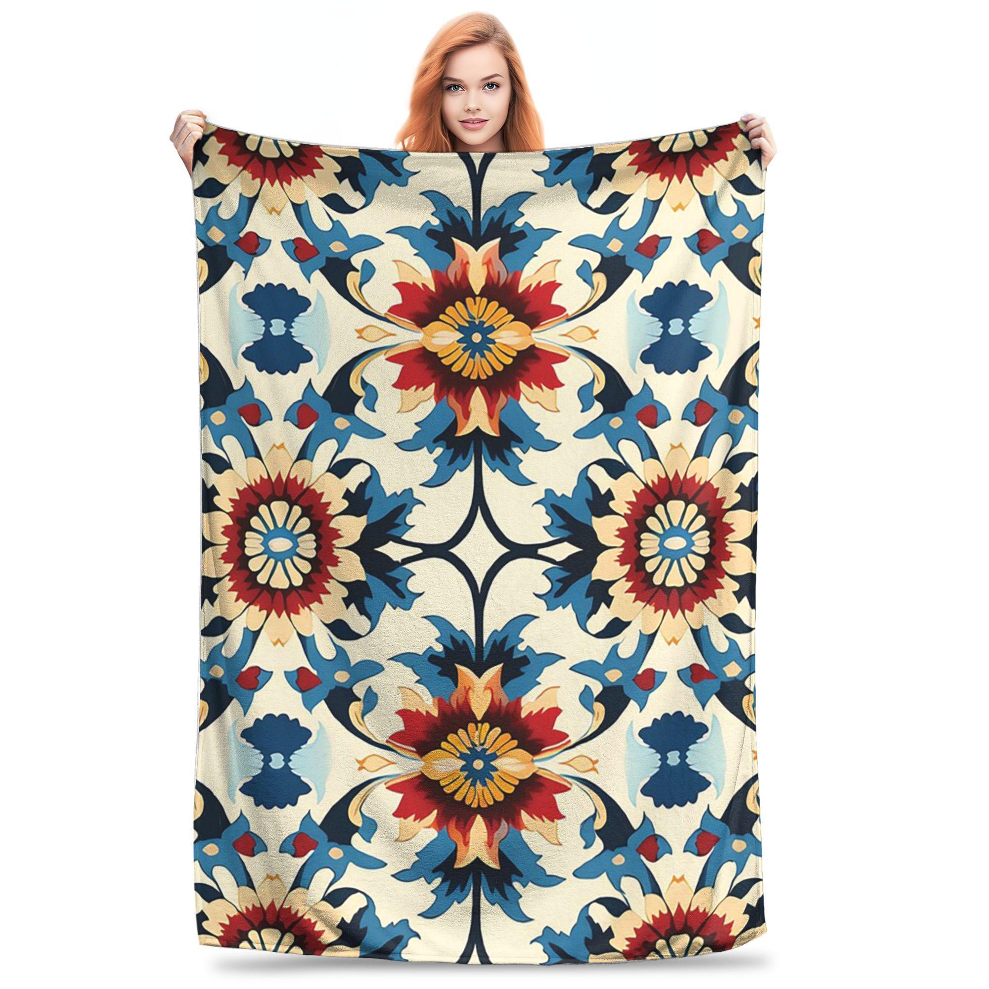 

Flannel Throw Blanket Oriental Tile Floral Watercolor Ornament Pattern Warm Plush Blankets Soft Bedding for Bed Living room Home 80x120cm
