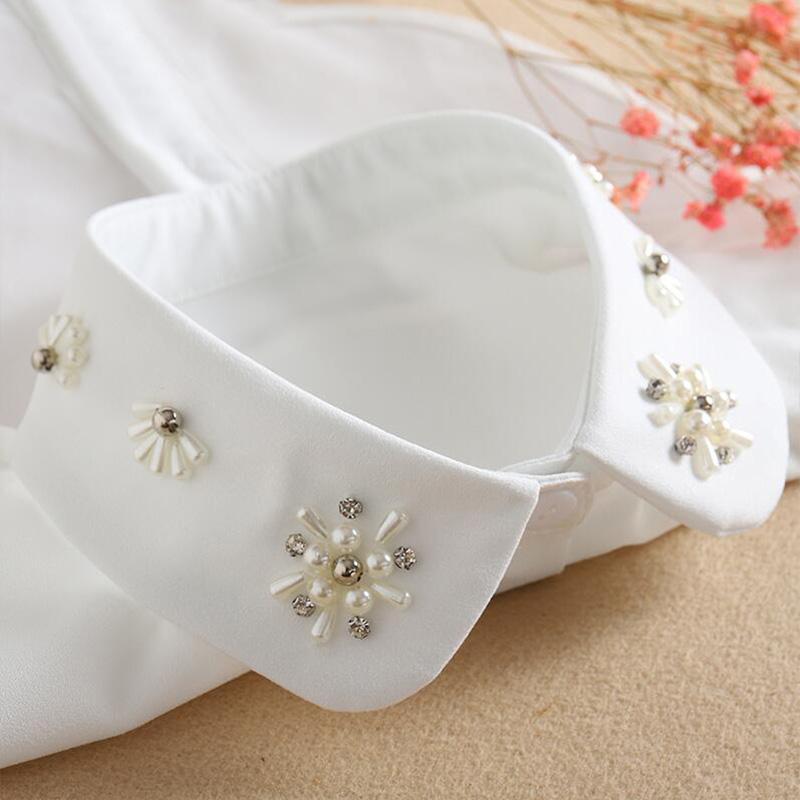 Perfect Match Bead Fake Collar Shirt Women White False Collars Woman Pearl Women Beaded Detachable Collar Necktie Black Chiffon Half Shirt