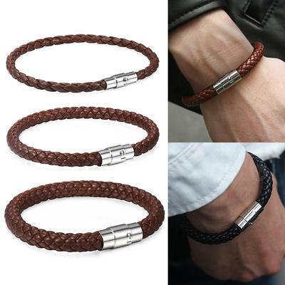 Classic Men 'S Leather Bracelet Retro Brown Black Braided Bracelets Stainless Steel Magnet Clasp Simple Jewelry Gift For Him Dad