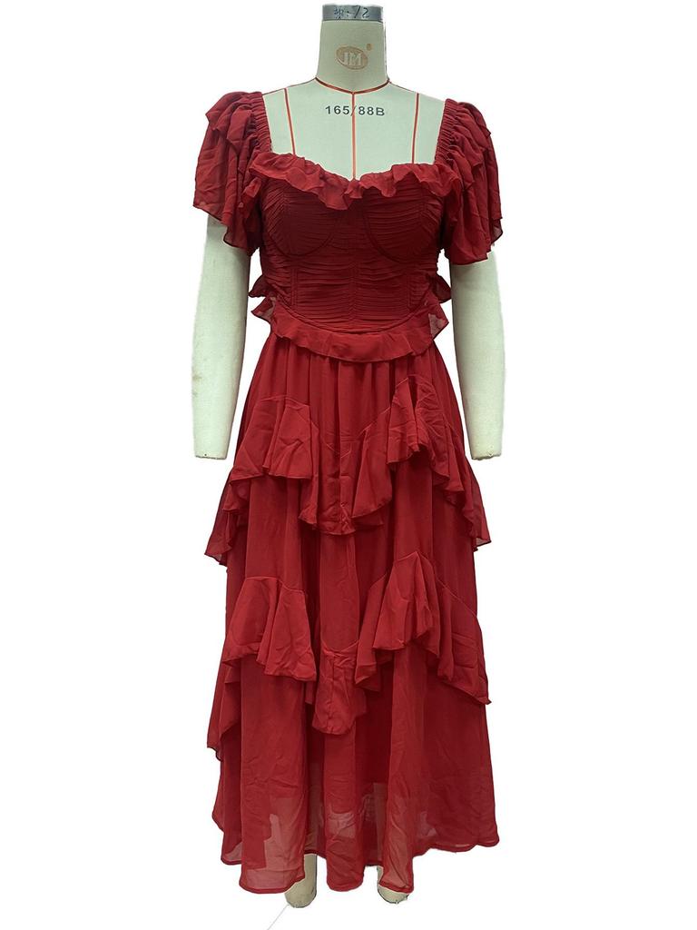 Vestido de Fiesta Europeo y Americano de Encaje con Espalda Descubierta y Volantes 2025