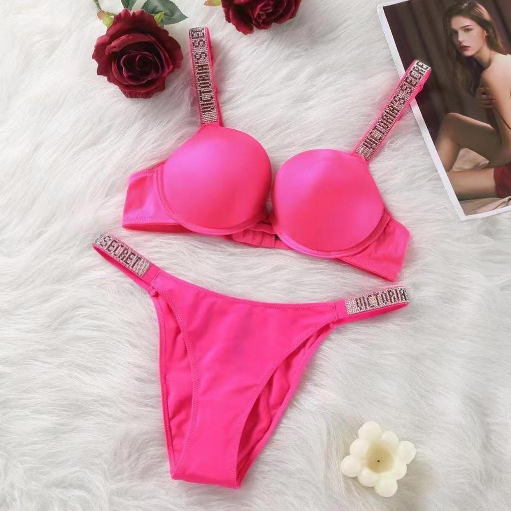 Plus Size European & American Light Luxury Diamond Strap Push-Up Bra & High Cut Panty Set