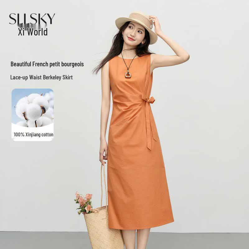 Sllsky Old Money Style Sleeveless Tie-Waist Midi Dress XL