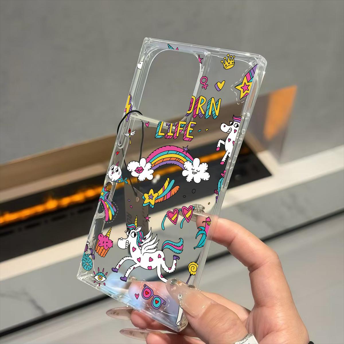 

Clear Square Back Tube Case Protection For iPhone 16 ProMax 12 11 15 Plus 13 14 Pro Max Anti-Oxygen,English Unicorn Pattern Casing iphone 16