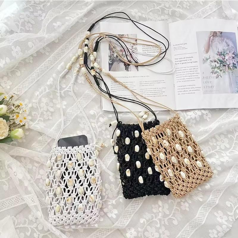 Yogodlns Modna torebka na telefon crossbody z wycięciami Ręcznie robiona Wszechstronna torebka z koralikami Codzienna Lekka torba na ramię dla kobiet