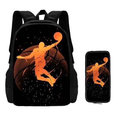 Set 2 Pezzi Zaini Scolastici con Stampa Basket e Astucci per Asilo Cartone Animato Sport Borse Scolastiche per Bambini Zaini