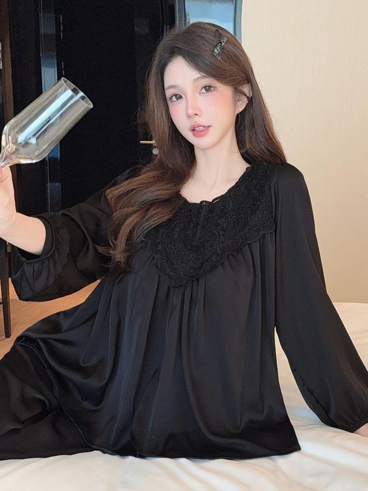 Ice Pure Maiden: Sweet Princess-Style Lace Pajamas - Long Sleeve, Light Luxury Ice Silk for Spring & Autumn