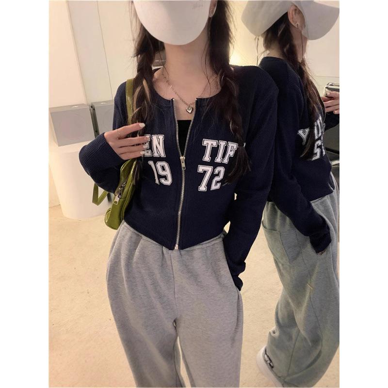 Women's Letter Print Cropped Zip-Up Cardigan Jacket - Slimming Long Sleeve T-Shirt Style Top