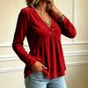 Women's Casual Color V-Neck Long Sleeve Loose Fit Pullover Top for Everyday Wear