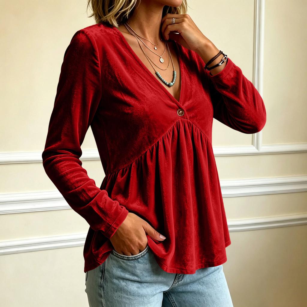 Women's Casual Color V-Neck Long Sleeve Loose Fit Pullover Top for Everyday Wear