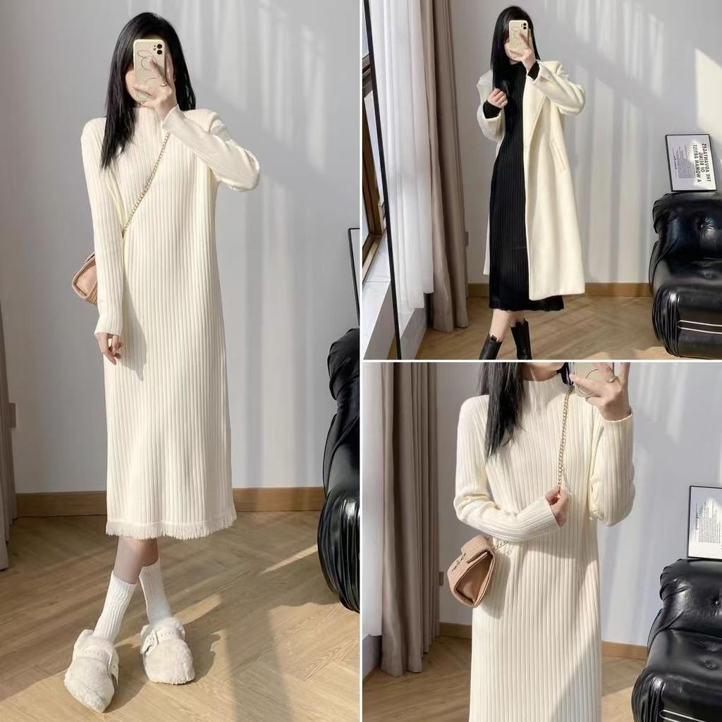 Herbst- und Winterstrickkleid Damen Stilvoller Rollkragenpullover Einfarbiges langes Strickkleid Lässiges lockeres Strickkleid