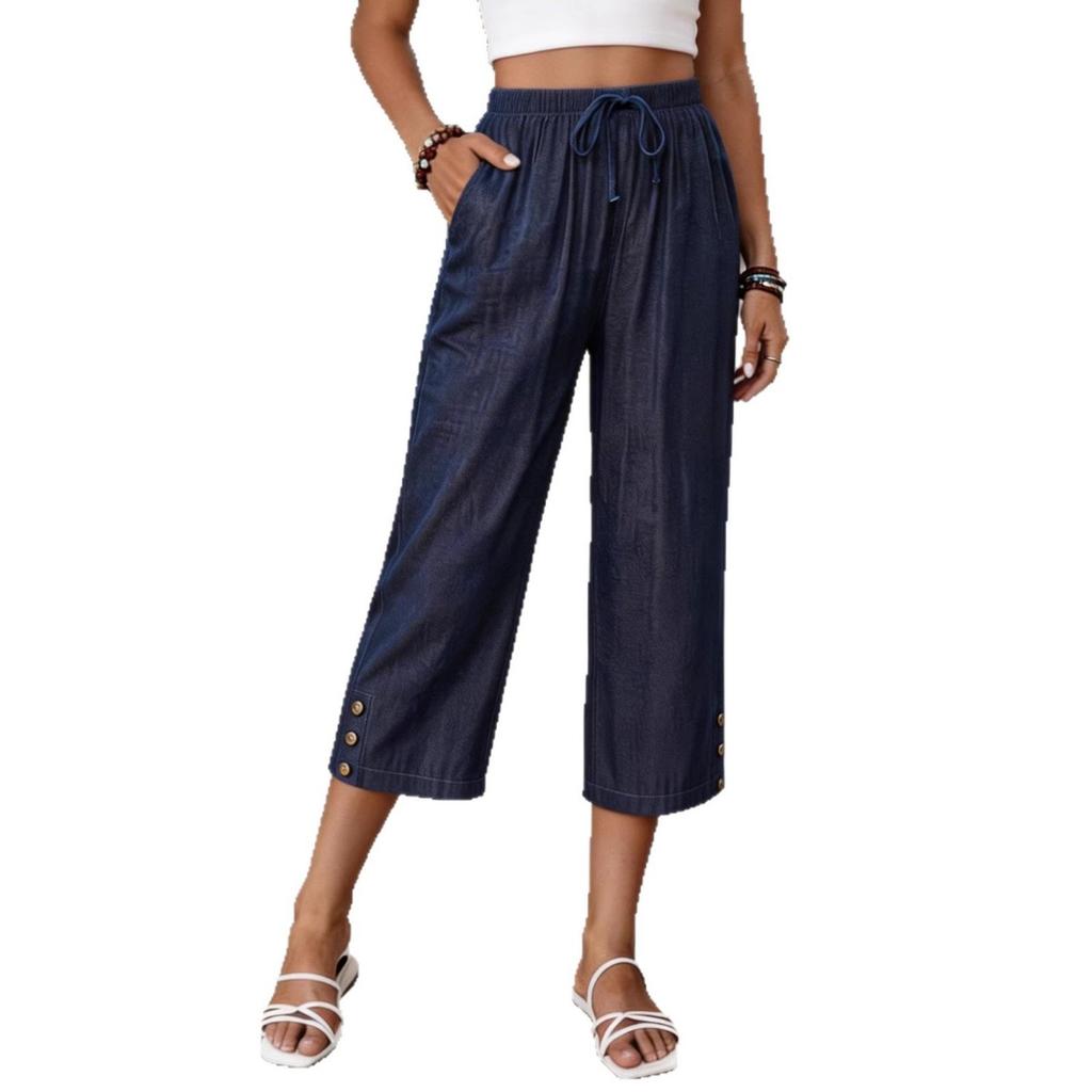 Summer New Arrival Women's Loose Fashion Tencel Denim Casual Cropped Pants 7-inch Length with Pockets European American Style Crossbody