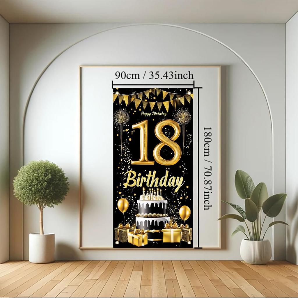 18th Birthday Door Cover Decoration 71 x 35 Inch Black and Gold Cake Banner with Balloons and Gifts for Eighteenth Birthday Party Supplies Happy 18
