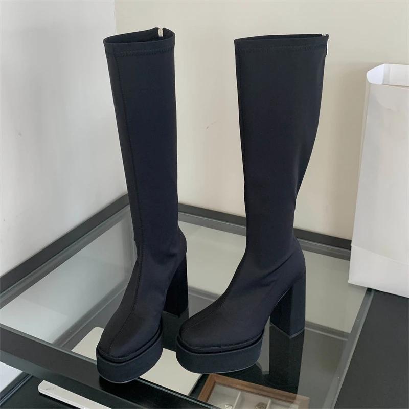 Fashion Eilyken Winter Fashion Round Toe Women Knee-High Boots Punk Style Platform Zipper Shoes Square High Heels Banquet Booties