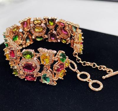 Gül Altın Rengi Gökkuşağı Renkli Zirkonyum Bilezik Kadınlar Kızlar İçin 22CM Uzunluğunda Lüks Düğün Bileziği Vintage Parti Takı Hediyesi