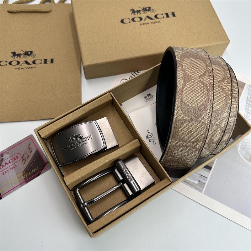 Men's Classic Double Buckle Leather Belt with C Buckle and Fabric Texture - Business Casual Trousers Accessory