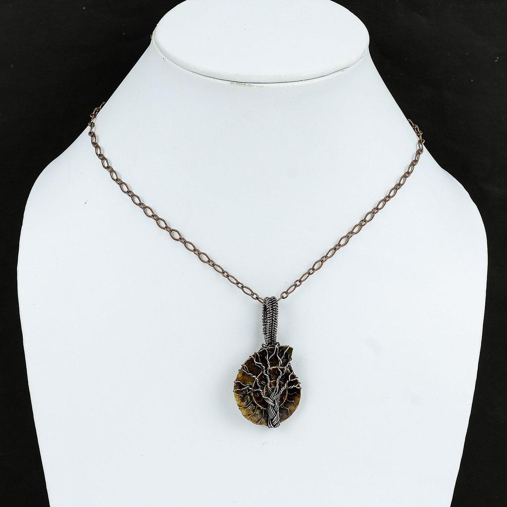 Tree Of Life Ammonite Fossil Pendant Copper Wire Wrapped Pendants Gemstone Pendant Copper Wire Wrap Jewelry Handmade Pendant Gift For Women