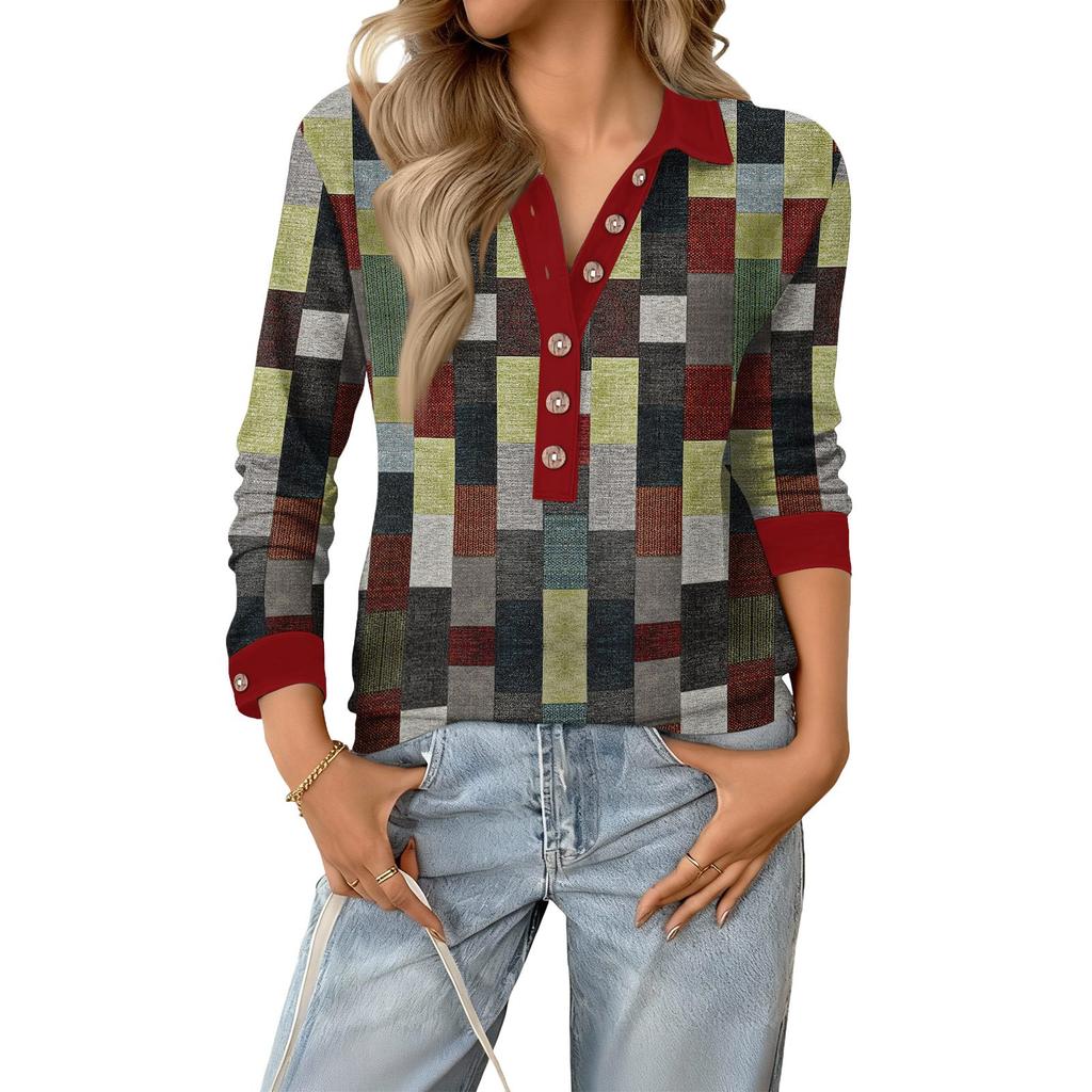 Damen Retro Street Lazy V-Ausschnitt Langarm Knopf Kariert Druck Pullover Top