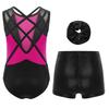 Dívčí 3dílná taneční souprava Bez rukávů Metalické leotard Křížená záda Kamínky Barevně blokovaný design se šortkami Čelenka