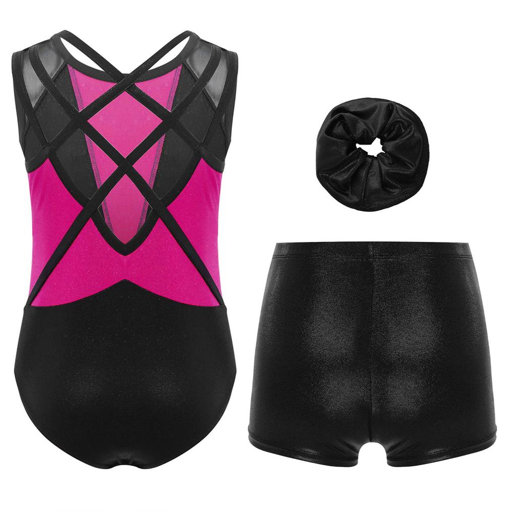 Girls 3 Piece Dance Set Sleeveless Metallic Leotard Criss Cross Back Rhinestones Color Block Design with Shorts Hairband