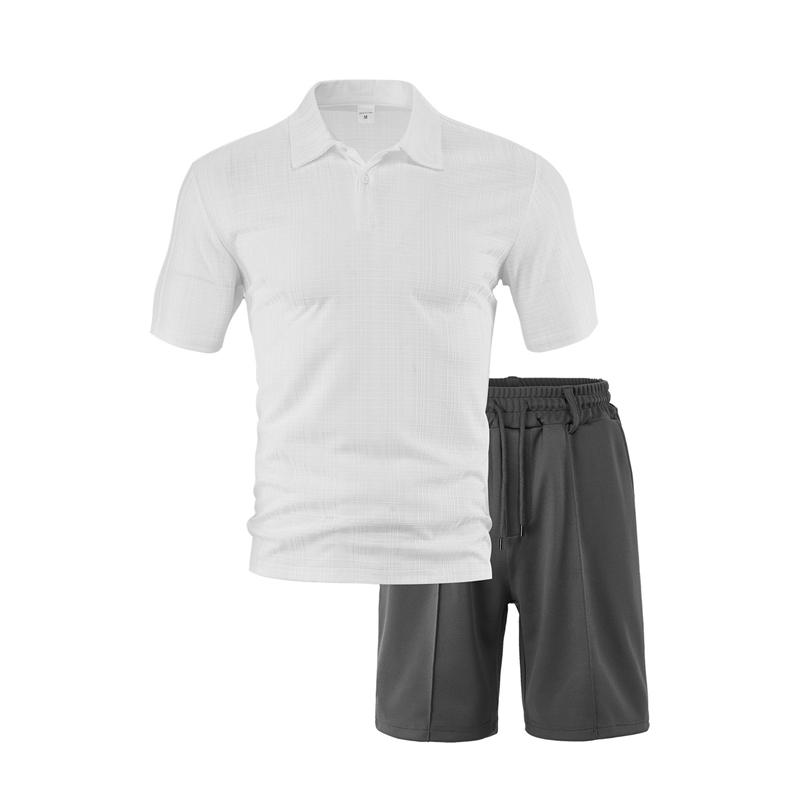 Summer Men Matching Outfit Sets Grid Texture Short Sleeve Polo Shirts Elastic Drawstring Casual Shorts Daily Beach Vacation Two Piece Tracksuit