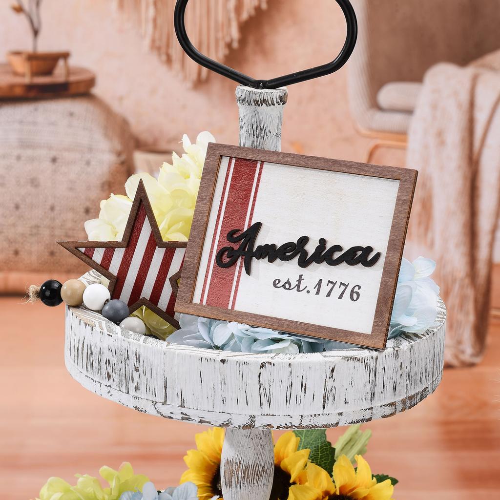 Patriotic Tiered Tray Decor Delicate Engraving Craft Solid Wood Farmhouse Patriotic Tray Decor for Home Table