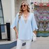 Spring Summer Solid Color V-neck Medium Sleeve Loose Chiffon Women's Shirt