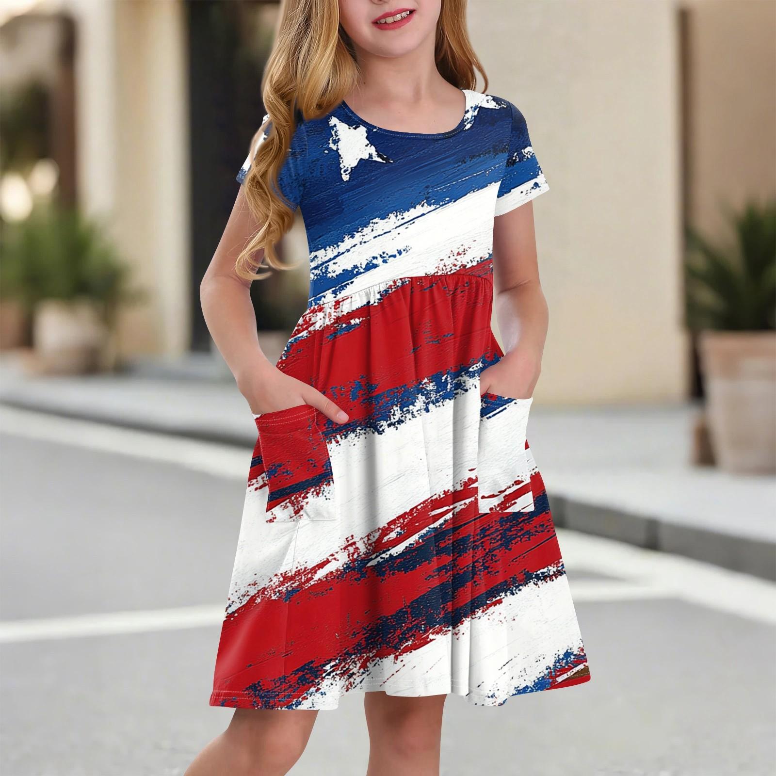 

Детское платье принцессы с круглым вырезом и короткими рукавами, модное и повседневное, с карманом, для девочки, платье на День независимости 130 красный