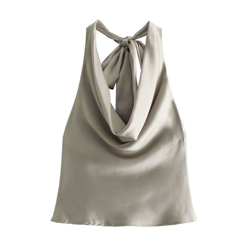 Kaslead New Arrival Women's Clothing Fashion Style Silk Satin Texture Hanging Collar Tops 8432331