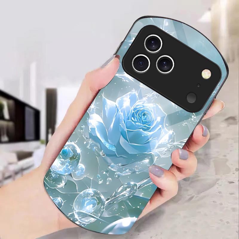 Ice crystal-colored roses For iPhone 17 16 15 14 Pro 13 Plus 12 mini 11 Pro Max XR X S 7 8 Elliptical Tempered Glass Phone Case
