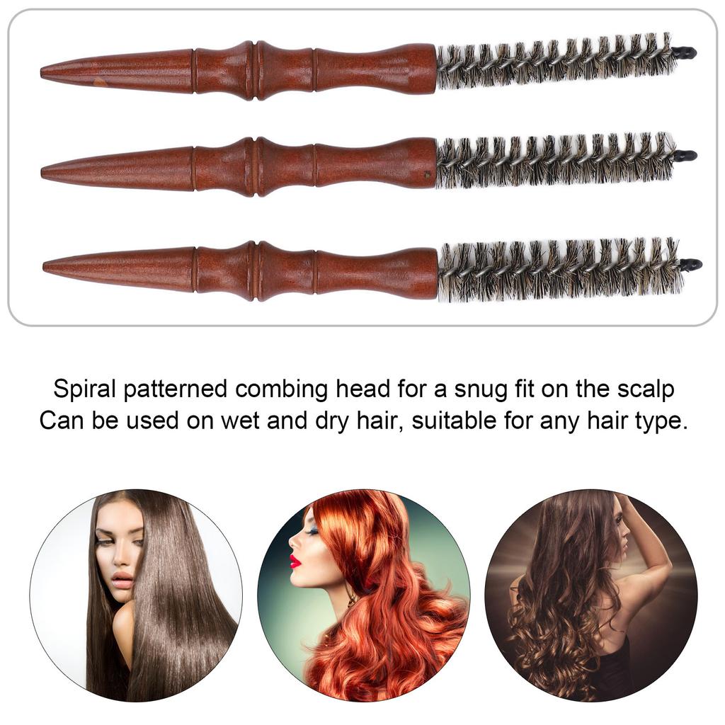 3 Pcs Round Comb for Thin Hair Wooden Handle Hair Styling Spiral Comb Portable Mini Roller Quiff Brush