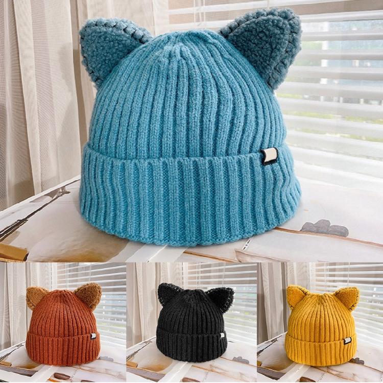Kawaii for Cat Ears Hats Cute Cap Solid Color Hat Wool Knit Hat Earprotect All-m