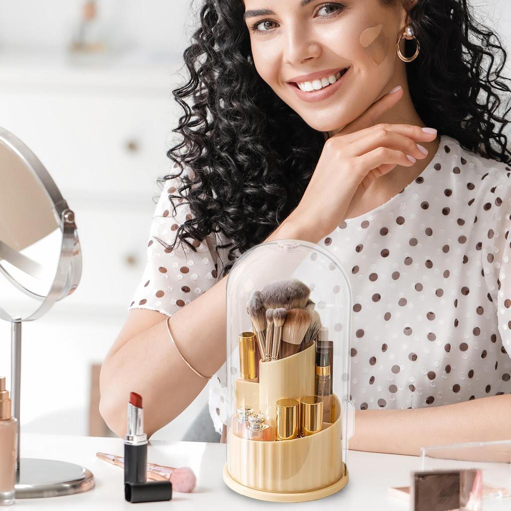 Makeup Brush Holder Jewelry Container 360 Degree Rotating Dustproof Storage Brush Holder with Lid for Cosmetics Travel Desk