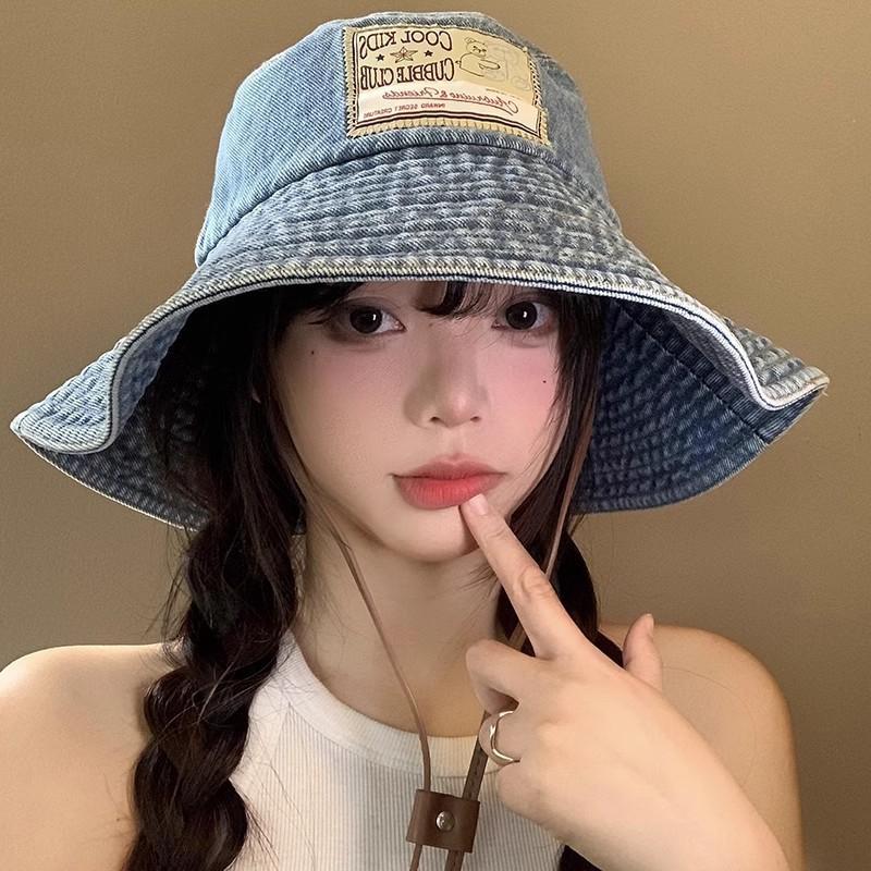 Japanese sticker denim bucket hat women wash old big brim show face small sunshade sunscreen hat