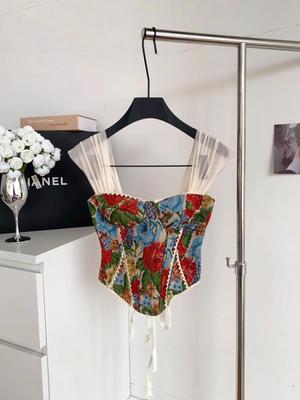 French Jacquard Oil Painting Style Bustier Corset - Trendy and Feminine Design