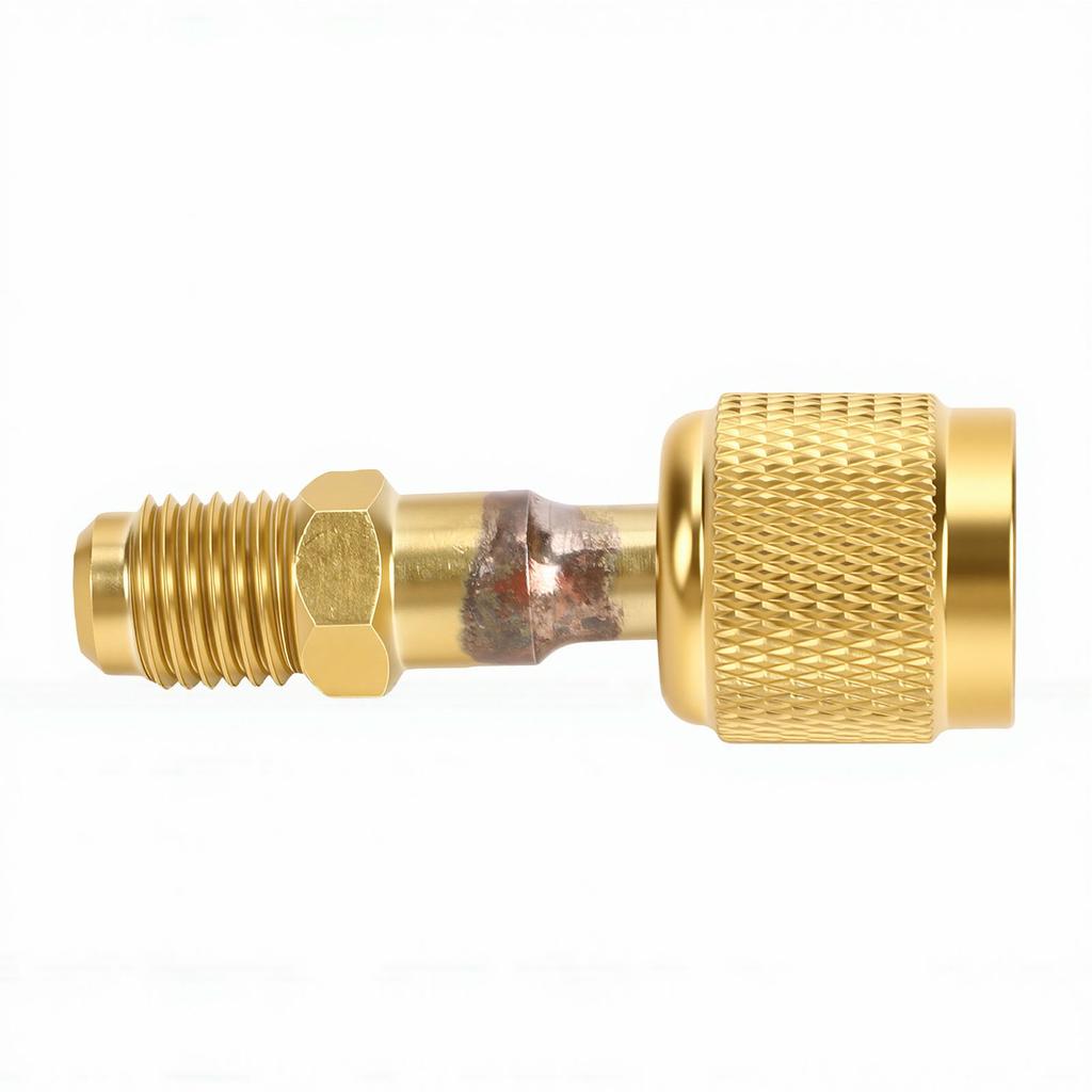 A2 Brass Refrigerant Adapter Straight Through HVAC Charging Adapter R32 Reverse Thread 1 4in Internal 1 4in External