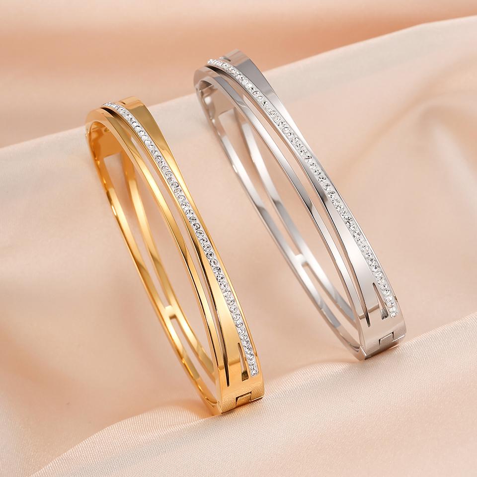 Htpwe Stainless Steel Multi-layer Glossy Zirconium Hollow Bracelet Women's Plated 18k Couple Holiday Gift Bracelet Daily Zircon