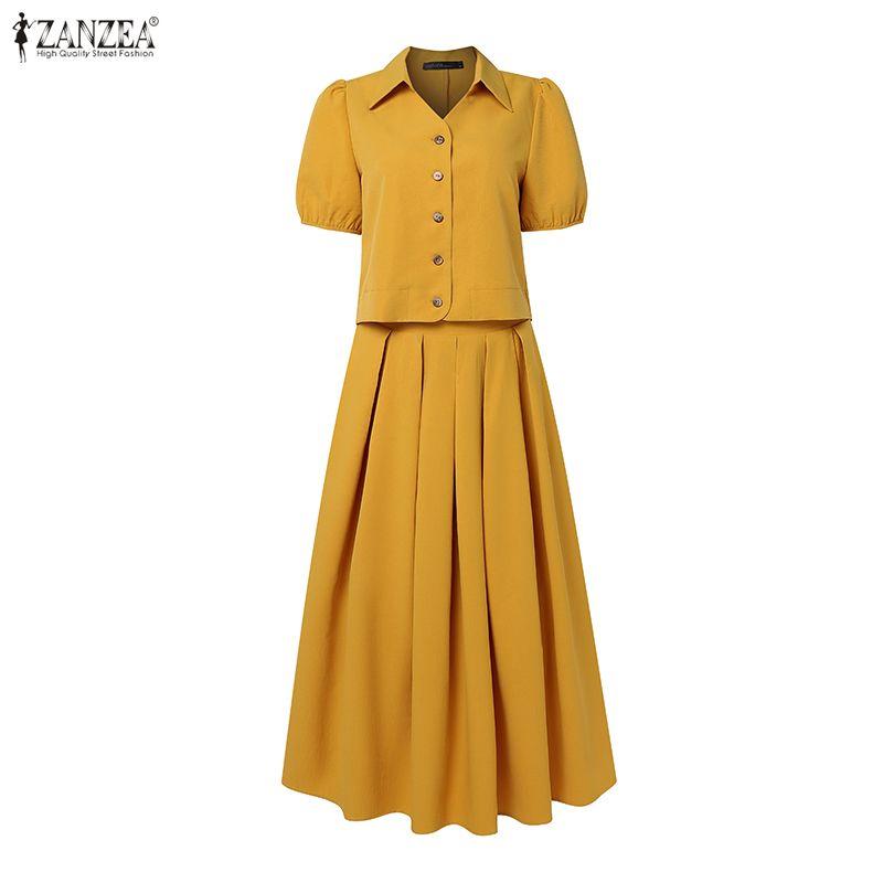 ZANZEA Blusa a Maniche Corte da Donna e Gonne Lunghe Estive Set Completi Due Pezzi