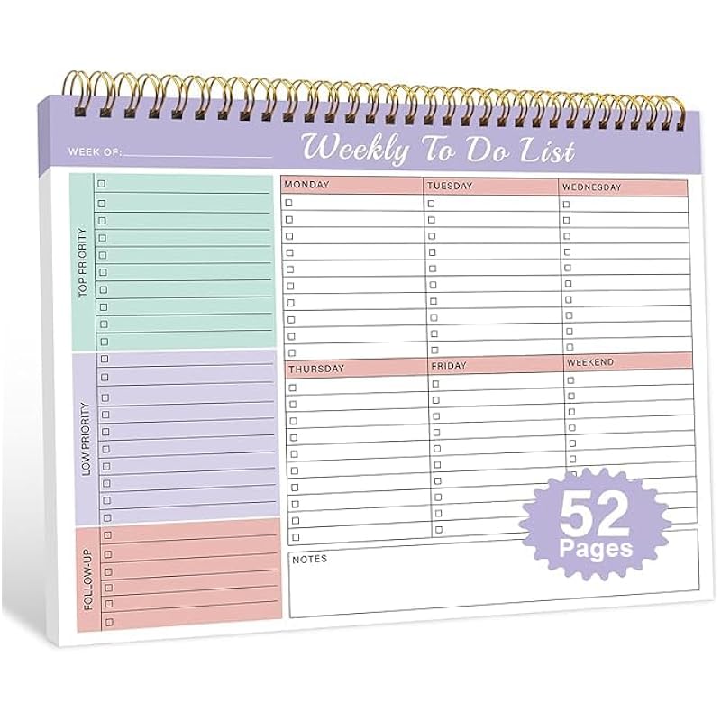 Accuprints Weekly To Do List Notepad With 52 Pages (26 Undated Sheets)8.5""11""- Weekly Desk Planner Pad With Spiral Bin