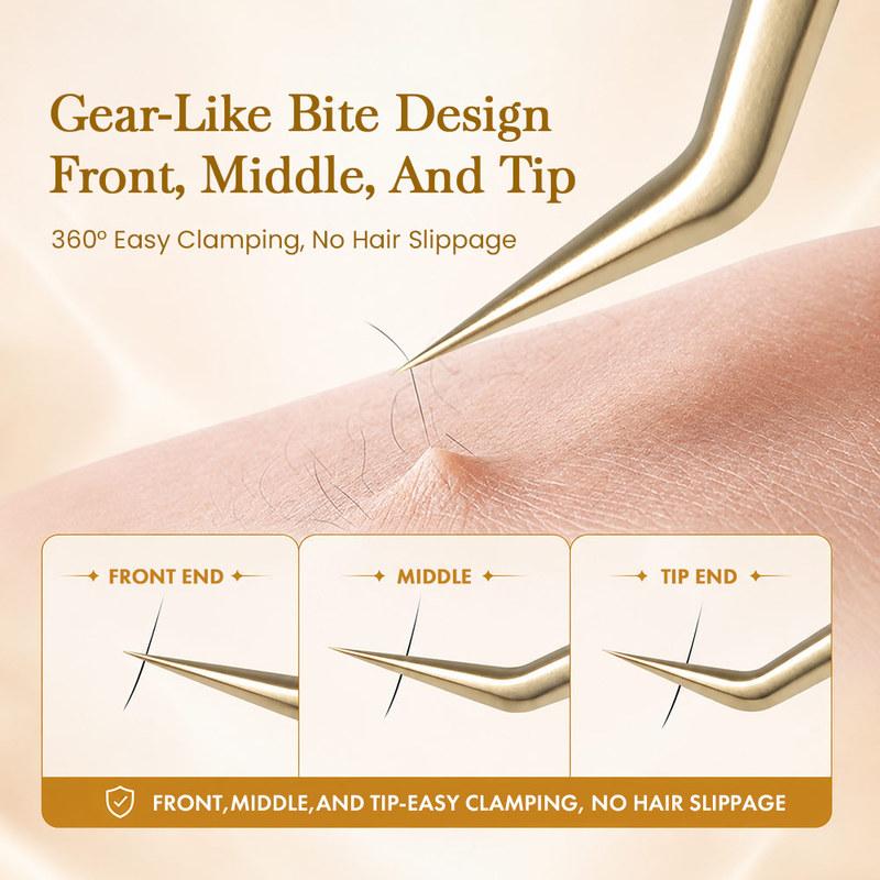MASSCAKU Eyelash Extension Tweezers Fiber Tip Gold Stainless Steel Lash Pickup Tool for Volume Fans Classic Lash Isolation