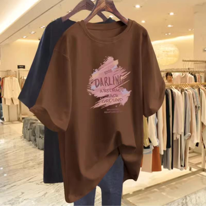 Apricot Short-sleeved T-shirt for Women In Women's Long Spring and Summer New Large Version Loose and Unique Small Cotton Top