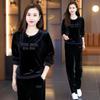 Women's Velvet Two Piece Tracksuit Set Crew Neck Letter Embroidery Long Sleeve Sweatshirt & Elastic Cuff Jogger Pants Fall Casual Sport Outfit