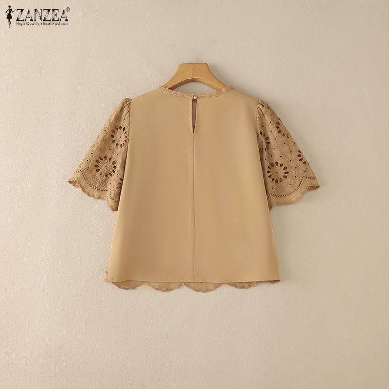 ZANZEA Blusa Casual Corta Larga da Donna con Ricami, Pizzo, Patchwork all'Uncinetto