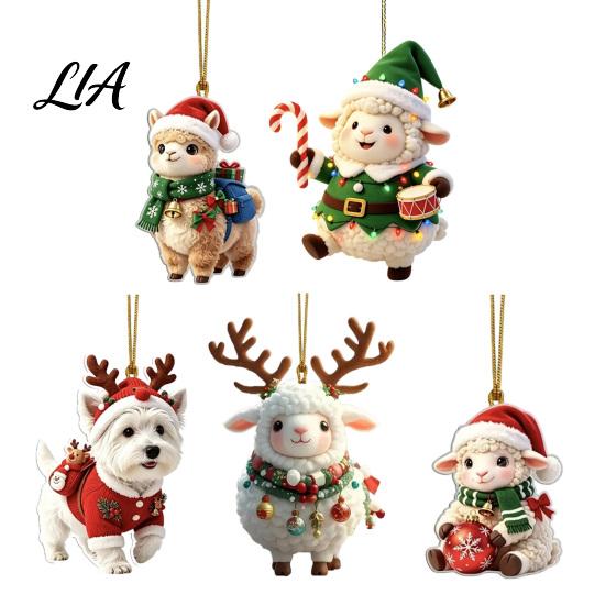 Reusable Christmas Party Favors Cute Animal Ornament, 2D Flat Sheep Dog Double-Sided Tree Hanging Supplies Acrylic Xmas Decoration for Lovers Holiday