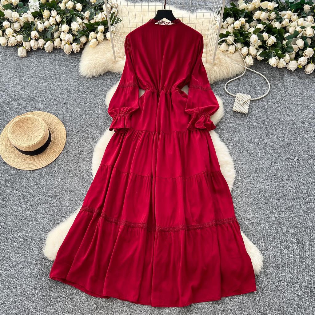 Robe d'été française vintage ethnique pour femmes, dentelle brodée, élégante, manches longues, ample, décontractée, maxi, robe de soirée