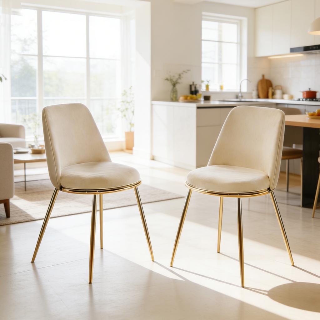 Modern Cream White Dining Chair(set of 2 ) - Gold-Plated Metal Legs, Velvet Upholstery